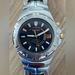 Seiko Kinetic Blue Dial Automatic Rare Men’s Watch Two-Tone Bracelet Date Window